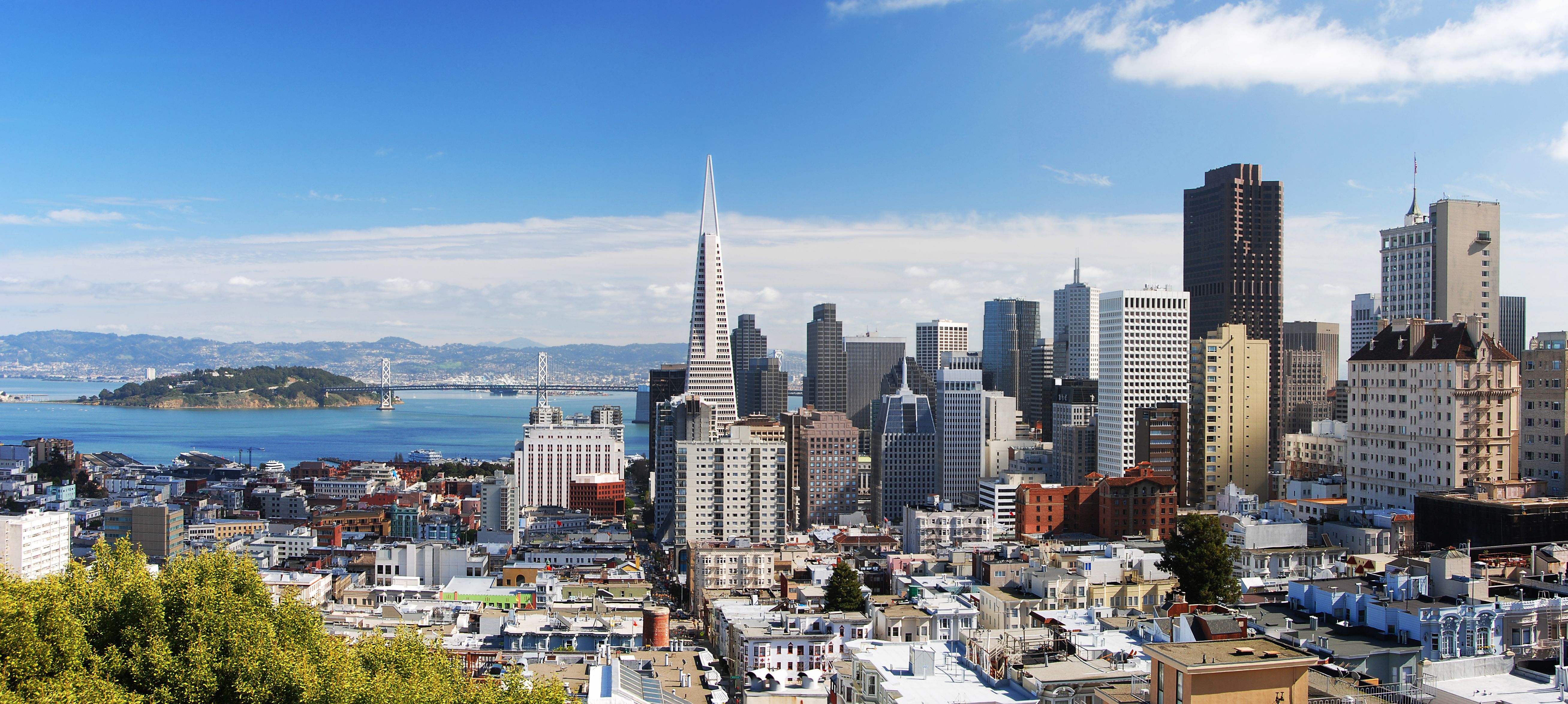 San Francisco skyline with the Transamerica Pyramid and San Francisco Bay.