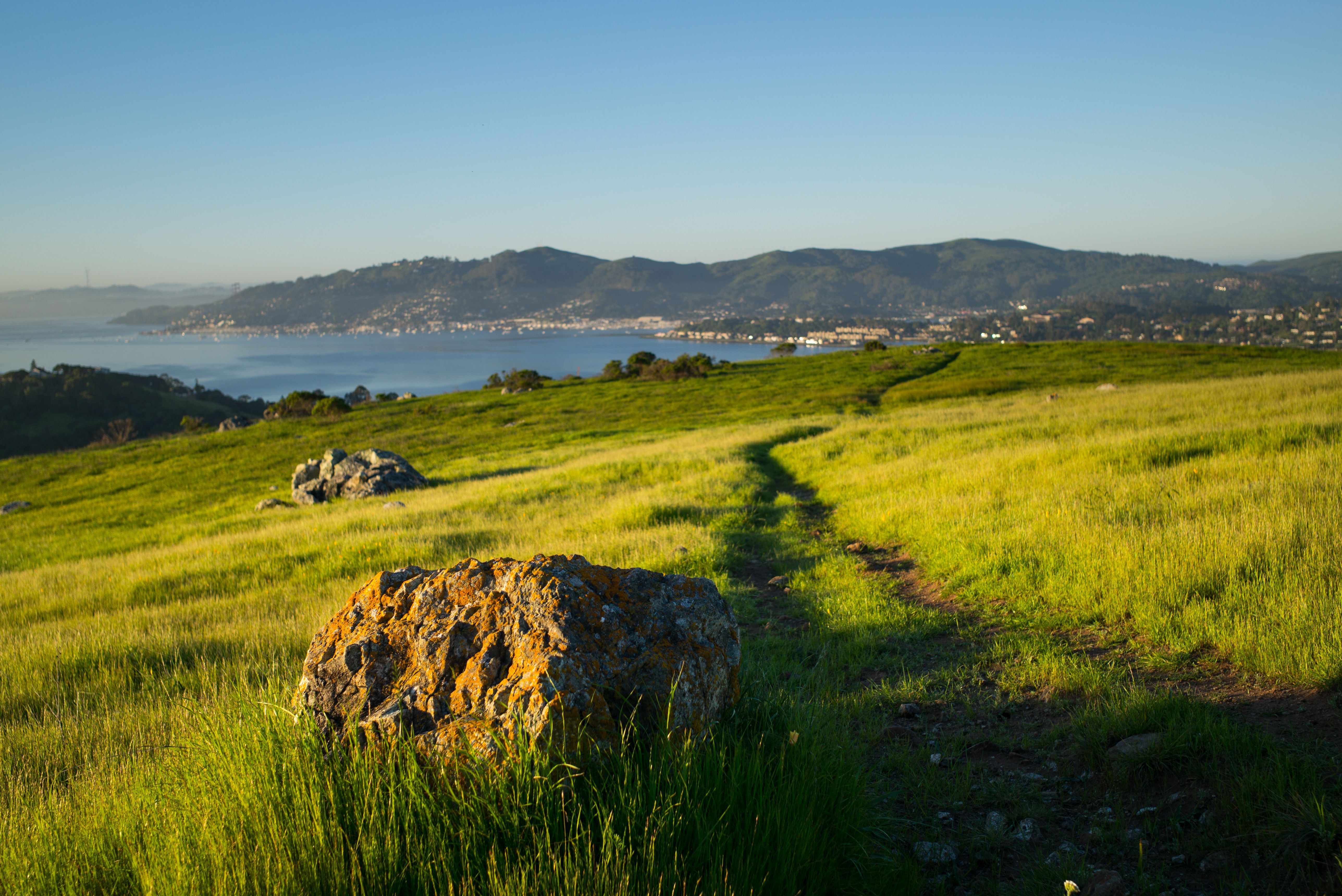 A grassy path between rocks on Ring Mountain, overlooking the Bay and Marin hills.